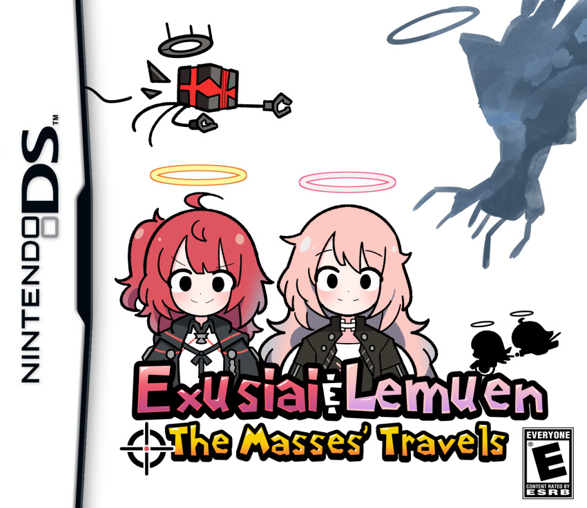 2girls, adoptive_siblings, arknights, black_eyes, black_jacket, keph_(arknights), keph_(teekaz)_(arknights), closed_mouth, english_text, exusiai_(arknights), exusiai_the_new_covenant_(arknights), halo, highres, jacket, lemuen_(arknights), long_hair, long_sleeves, looking_at_viewer, malrangdonut, mario_&amp;_luigi_rpg, mario_(series), multiple_girls, nintendo, parody, pink_hair, pink_halo, red_hair, short_hair, siblings, simple_background, sisters, smile, traditional_halo, white_background, yellow_halo