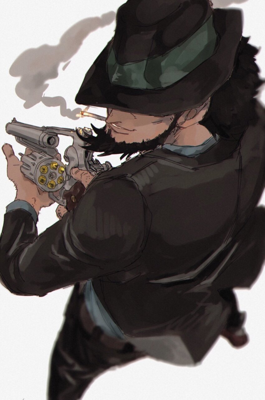 1boy, beard, bnnaaaa, cigarette, facial_hair, formal_clothes, from_above, gun, hat, highres, holding, holding_gun, holding_weapon, jigen_daisuke, lupin_iii, male_focus, short_hair, simple_background, smile, smoke, solo, suit, weapon