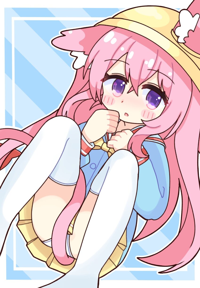 1girl, animal_ear_fluff, animal_ears, azur_lane, blue_shirt, blush, cat_ears, cat_girl, cat_tail, commission, ears_through_headwear, hair_between_eyes, hat, highres, kindergarten_uniform, kisaragi_(azur_lane), komataso9, loli, long_hair, panties, parted_lips, pink_hair, pleated_skirt, purple_eyes, school_hat, shirt, skeb_commission, skirt, solo, tail, thighhighs, underwear, white_panties, white_thighhighs, yellow_skirt