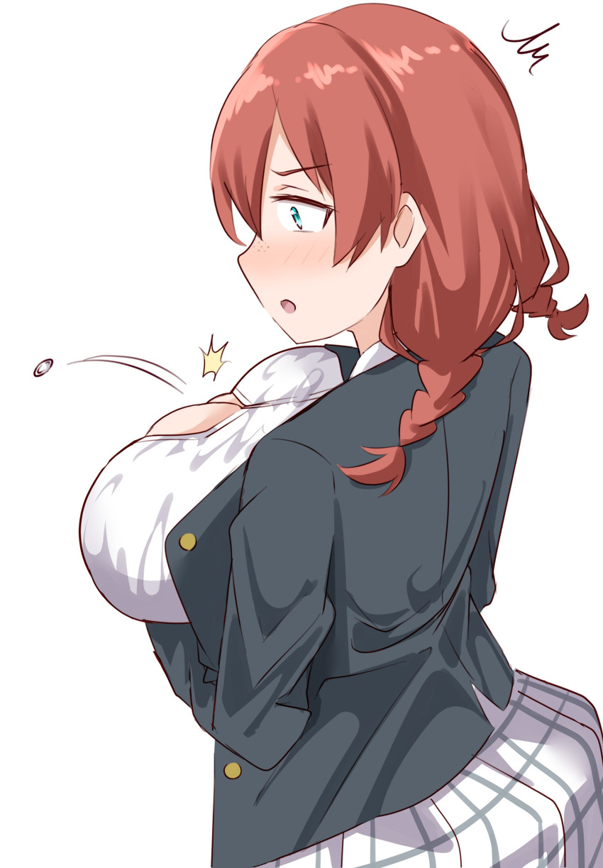 1girl, absurdres, aqua_eyes, black_jacket, blazer, blush, braid, breasts, brown_hair, bursting_breasts, cleavage, commentary_request, constricted_pupils, emma_verde, flying_button, freckles, highres, jacket, lamchan, large_breasts, long_sleeves, love_live!, love_live!_nijigasaki_high_school_idol_club, low_twin_braids, nijigasaki_school_uniform, open_mouth, pleated_skirt, popped_button, school_uniform, shirt, simple_background, skirt, solo, standing, surprised, twin_braids, v-shaped_eyebrows, white_background, white_shirt, white_skirt