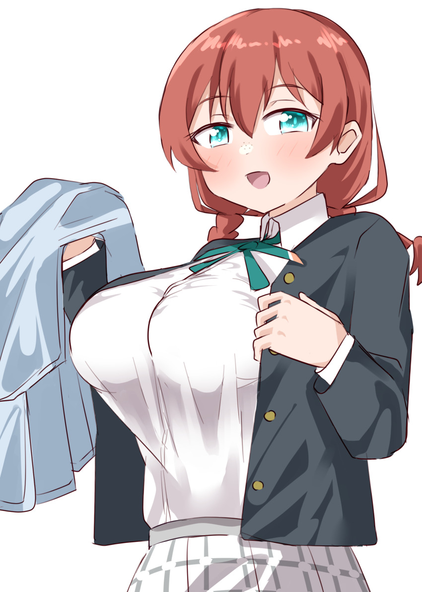 1girl, :d, absurdres, aqua_eyes, black_jacket, blazer, blush, breasts