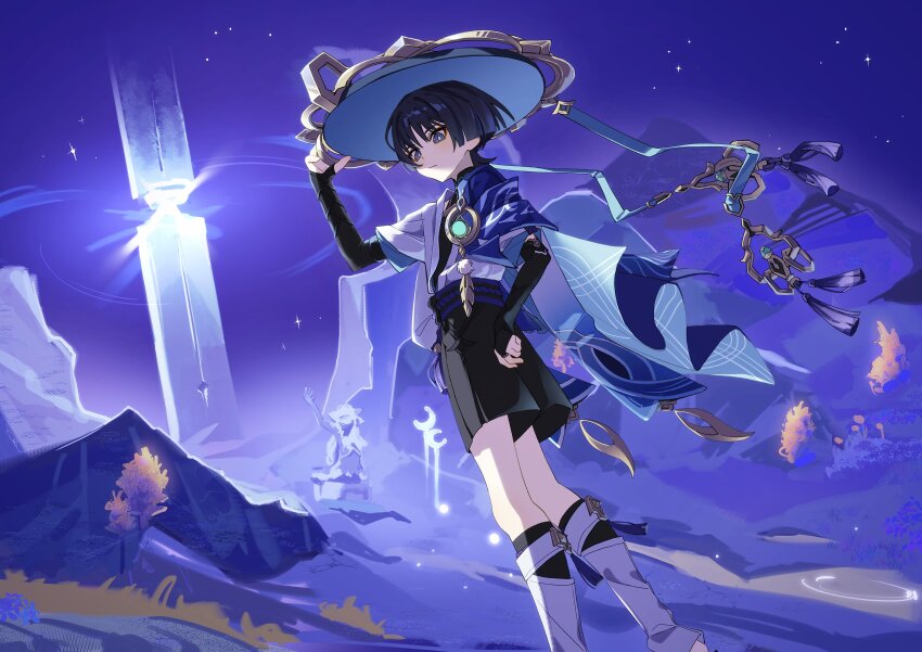 1boy, absurdres, aqua_gem, arm_at_side, armor, belt, black_belt, black_bodysuit