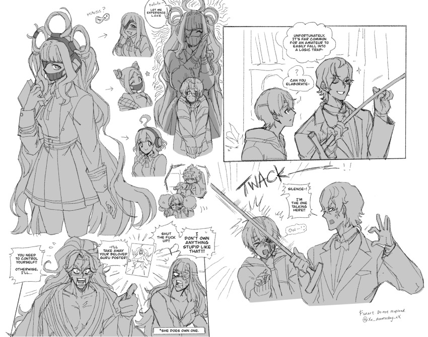 3boys, 6+girls, anger_vein, angry, arrow_(symbol), blank_eyes, blush, bonk