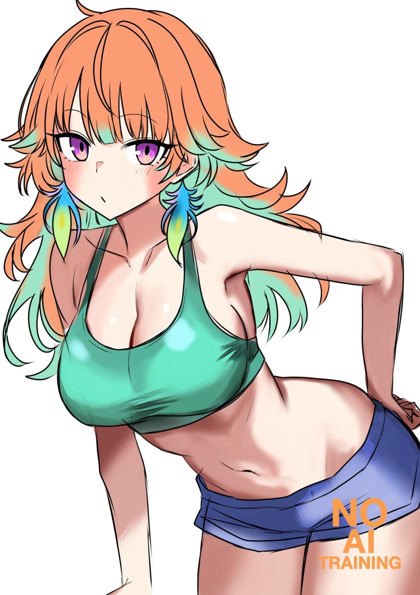 1girl, blue_shorts, blush, breasts, cleavage, collarbone, crop_top, earrings, feather_earrings, feathers, gradient_hair, green_hair, green_tank_top, hand_on_own_hip, highres, hololive, hololive_english, jewelry, large_breasts, leaning_forward, long_hair, looking_at_viewer, midriff, multicolored_hair, navel, orange_hair, purple_eyes, r_harbinger, short_shorts, shorts, simple_background, solo, stomach, takanashi_kiara, tank_top, virtual_youtuber, white_background