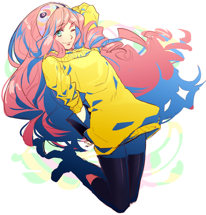 10s, 1boy, aqua_eyes, bad_id, bad_pixiv_id, crossdressing, crossdressing_(mtf), dress, fujiwara_ryo_(wsise47), hairband, leggings, long_hair, male_focus, one_eye_closed, pantyhose, pink_hair, smile, solo, sweater, sweater_dress, trap, tsukimiya_ringo, turtleneck, uta_no_prince-sama, very_long_hair, wink