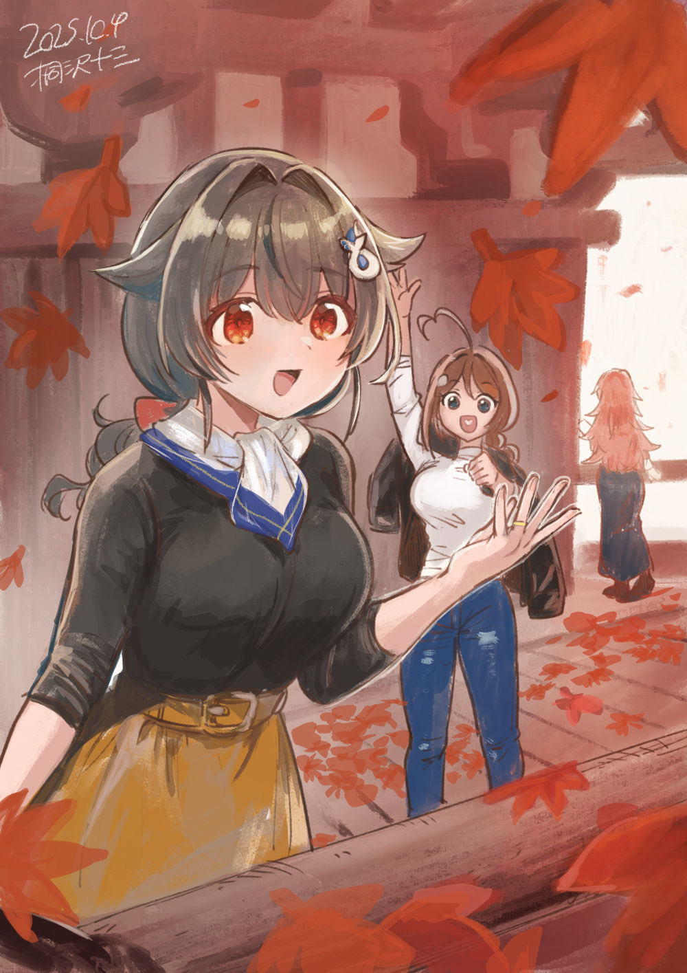 1girl, ahoge, autumn_leaves, black_hair, black_jacket, black_shirt, blue_pants, brown_hair