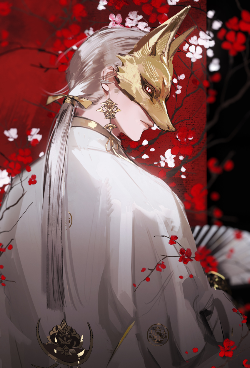 1boy, absurdres, bloodybeni, colored_sclera, earrings, floral_background, flower, fox_mask