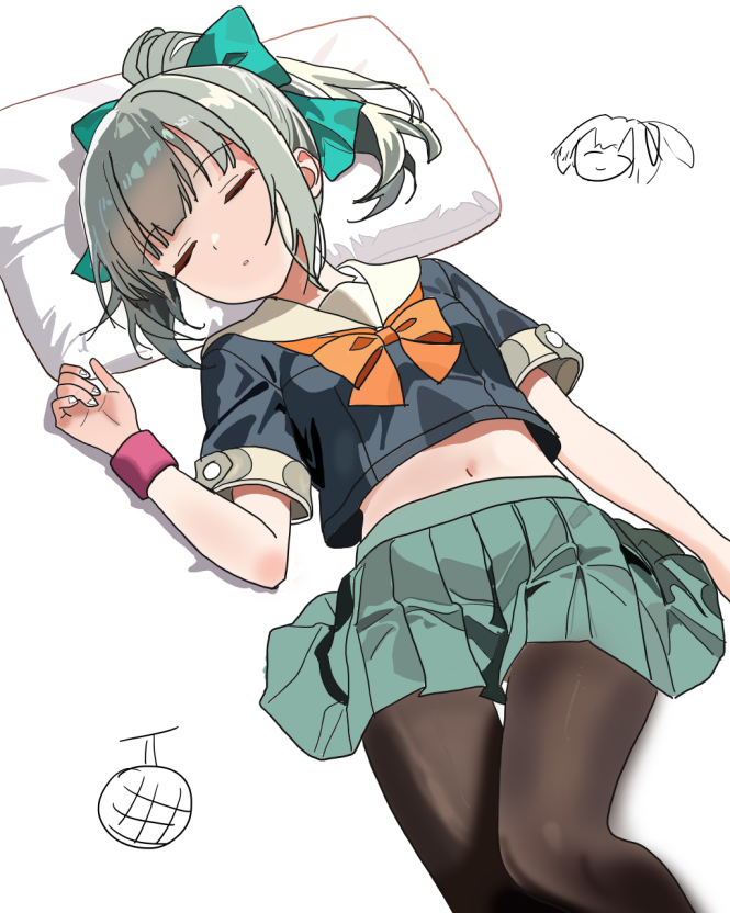 2girls, black_pantyhose, bow, bowtie, closed_eyes, feet_out_of_frame, green_skirt, grey_hair, head_only, hyuuga_(kancolle), ise_(kancolle), ise_ebi_to_hyuuga_natsu_mikan, kantai_collection, long_hair, multiple_girls, navel, orange_bow, orange_bowtie, pantyhose, pillow, pink_sweatband, pleated_skirt, ponytail, school_uniform, serafuku, skirt, sleeping, solo_focus, wristband, yuubari_(kancolle)