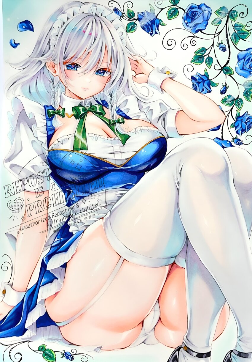 1girl, absurdres, apron, ass, black_shoes, blue_dress, blue_eyes, blue_flower