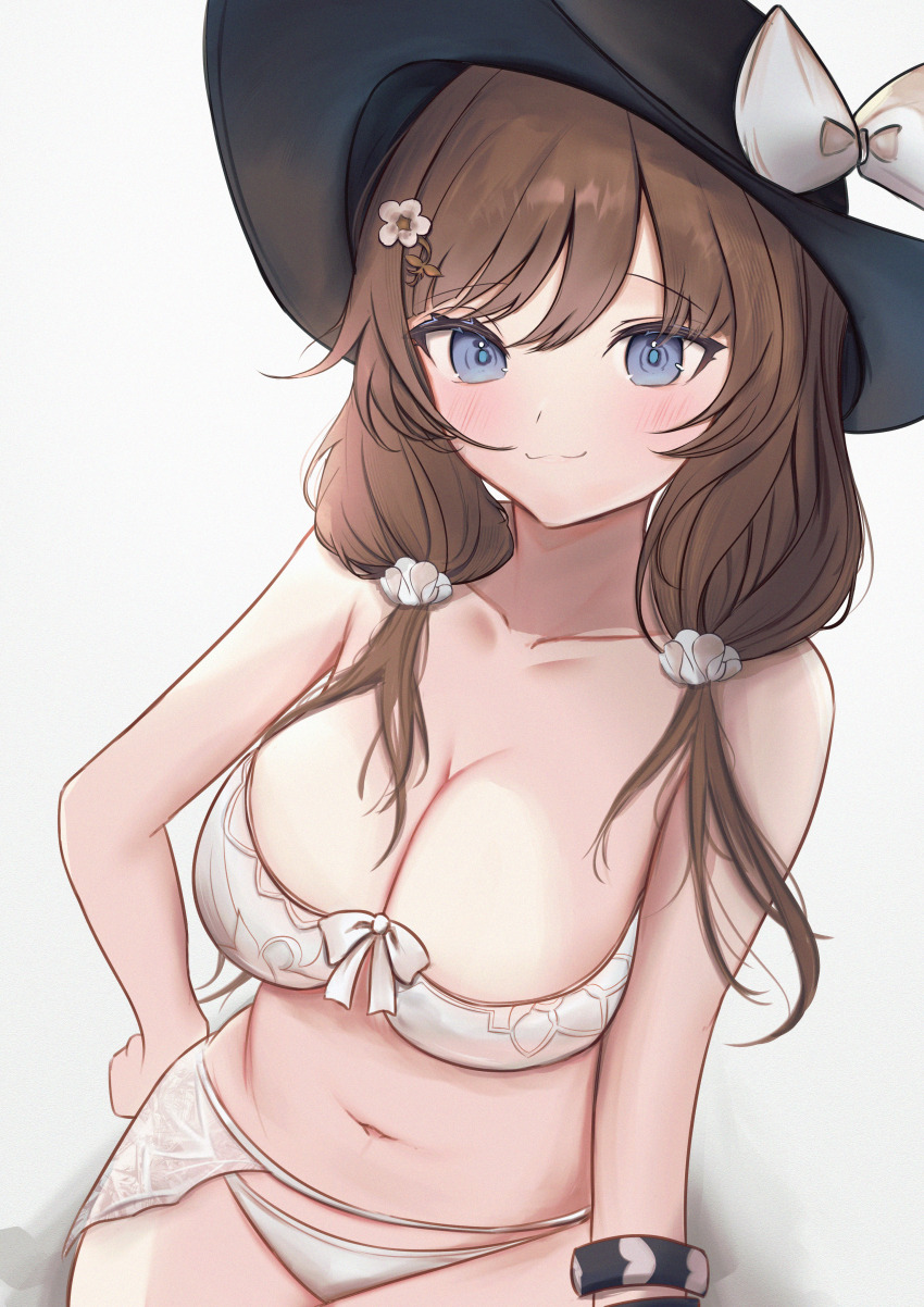 1girl, :3, absurdres, bikini, blue_eyes, blush, bow, breasts, brown_hair, cleavage, collarbone, flower, from_above, front-tie_bikini_top, front-tie_top, granblue_fantasy, hair_flower, hair_ornament, hair_over_shoulder, hand_on_own_hip, hat, highres, large_breasts, long_hair, looking_at_viewer, low_twintails, navel, raziel_(granblue_fantasy), ri_shan, scrunchie, simple_background, solo, strapless, strapless_bikini, swimsuit, twintails, white_background
