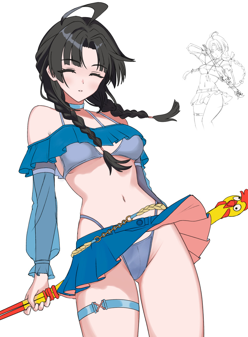 1girl, absurdres, ahoge, bikini, black_hair, braid, breasts, chiyo_(ocean_breeze)_(strinova), chiyo_(strinova), choker, closed_eyes, detached_sleeves, frilled_bikini, frilled_skirt, frills, from_below, hair_over_shoulder, halterneck, highleg, highleg_panties, highres, holding, holding_weapon, long_hair, low_twintails, miniskirt, mrsnakevt, navel, panties, parted_lips, simple_background, skirt, small_breasts, solo, standing, strinova, swimsuit, teeth, thigh_strap, thighs, twintails, underwear, weapon, white_background