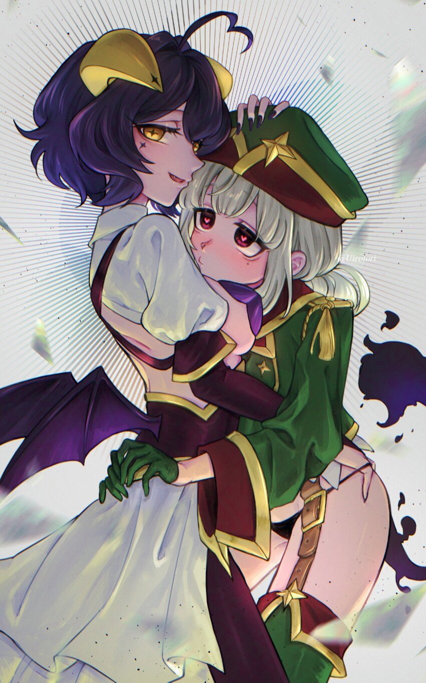 2girls, ahoge, aiguillette, belt, black_panties, blonde_hair, boots, breasts