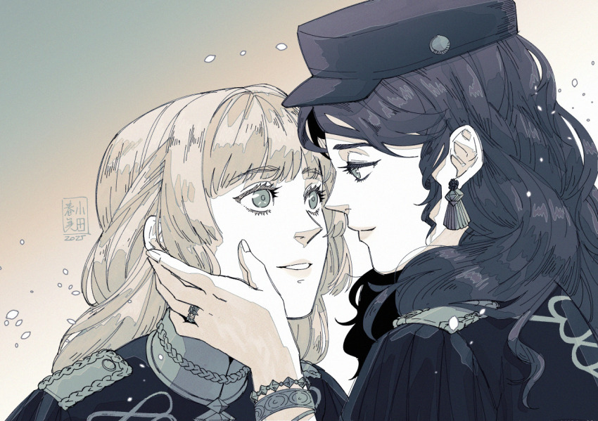 2girls, black_hat, blonde_hair, brown_hair, commission, dorothea_arnault, earrings, fire_emblem, fire_emblem:_three_houses, flat_cap, green_eyes, hat, ingrid_brandl_galatea, jewelry, multiple_girls, nintendo, tsukkimin, yuri