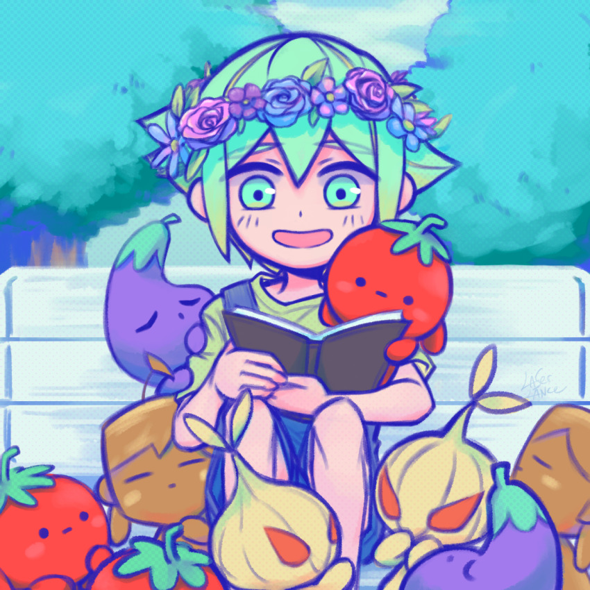 5boys, 5girls, alternate_skin_color, basil_(headspace)_(omori), basil_(omori), bench, blue_overalls, blush