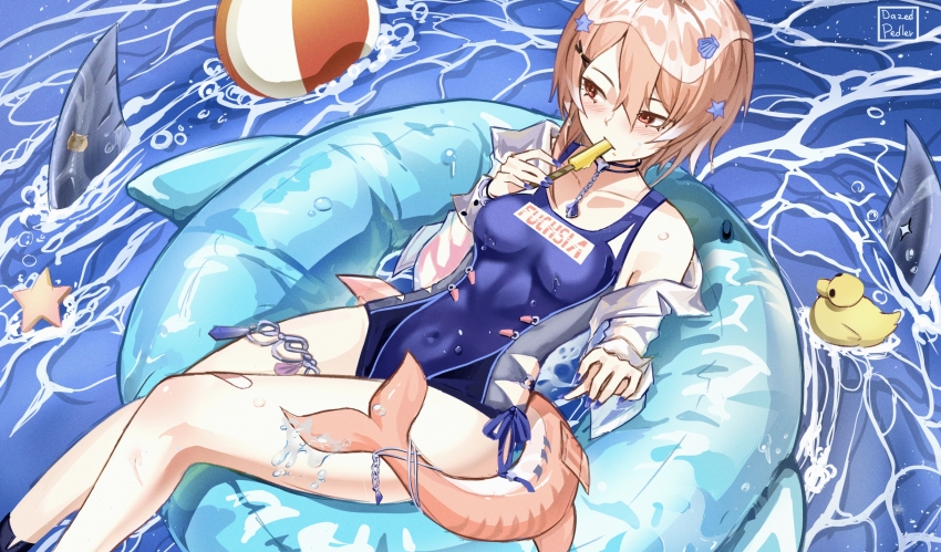 1girl, ball, beachball, blush, bob_cut, breasts, clothing_cutout, collarbone, dazed_pedler, fish_tail, food, food_in_mouth, from_above, fuchsia_(abyssal_surfer)_(strinova), fuchsia_(strinova), hair_between_eyes, hair_ornament, hairclip, highres, hip_vent, innertube, jewelry, looking_to_the_side, medium_breasts, nail_polish, navel, necklace, ocean, off_shoulder, outdoors, pink_eyes, pink_hair, popsicle, popsicle_in_mouth, rubber_duck, shark_fin, shark_tail, shell, shell_hair_ornament, short_hair, solo, star_(symbol), star_hair_ornament, strinova, swim_ring, swimsuit, tail, thigh_strap, thighs, water, wet