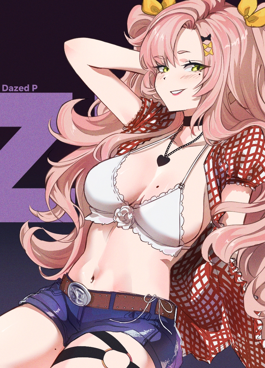 1girl, arm_behind_head, asymmetrical_bangs, bikini, blush, bow, breasts, breasts_apart