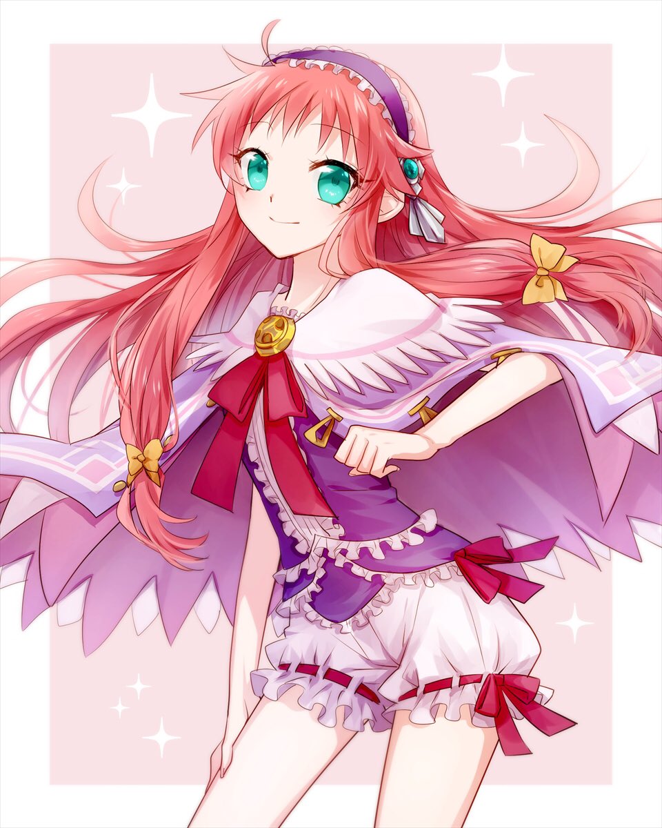 1girl, aqua_eyes, calilica_(ys), cape, closed_mouth, frilled_hairband, frilled_shorts, frills, hair_ribbon, hairband, highres, long_hair, looking_at_viewer, pink_hair, purple_cape, purple_hairband, ribbon, sano_(merrymerry), shorts, smile, solo, sparkle, white_shorts, yellow_ribbon, ys, ys:_memories_of_celceta