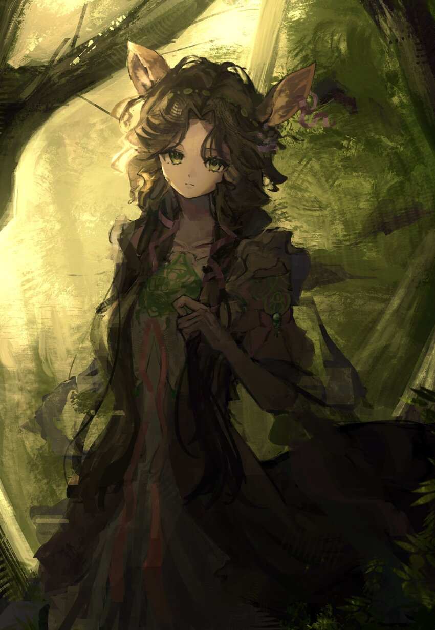 1girl, absurdres, animal_ears, backlighting, centauroid, closed_mouth, deer_ears, deer_girl