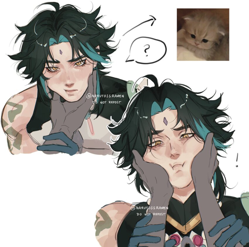 !, 1boy, 1other, ?, animal, arm_tattoo, cat, closed_mouth