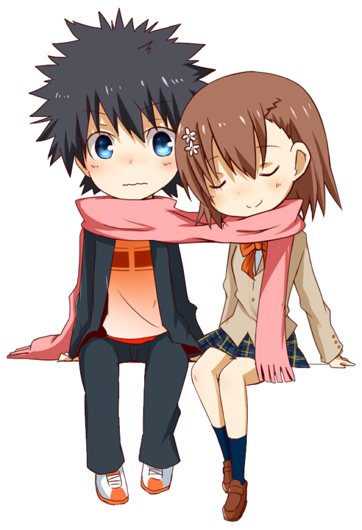 black_hair, brown_hair, closed_eyes, hair_ornament, hairpin, kamijou_touma, misaka_mikoto, rubii