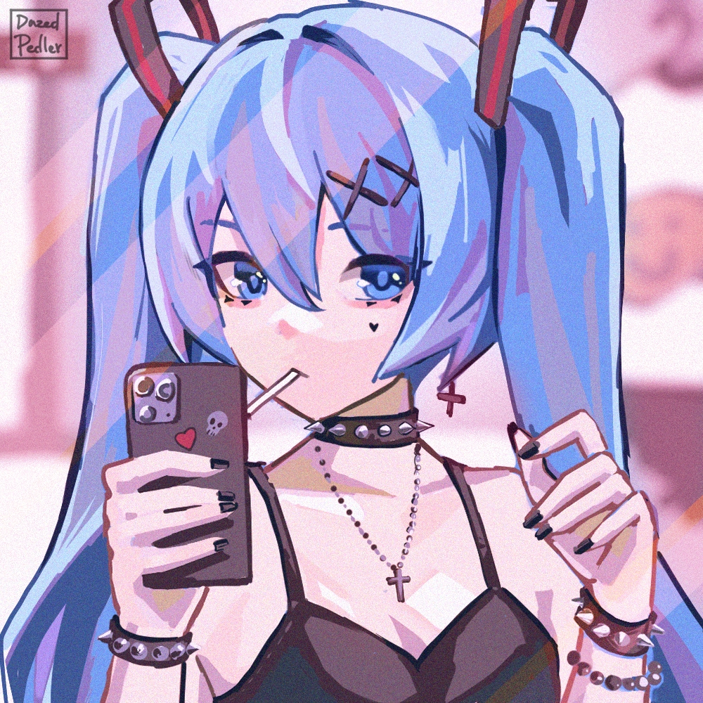 1girl, :<, bare_shoulders, blue_eyes, blue_hair, bracelet, breasts, choker