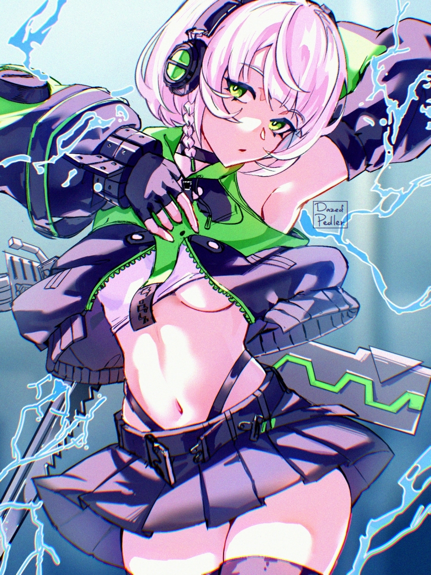 1girl, anby_demara, arm_behind_head, armpits, belt, blunt_bangs, bob_cut, braid