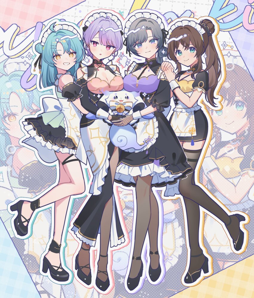 4girls, :3, absurdres, ahoge, apron, aqua_hair, ayakaki_(nijisanji), bare_shoulders