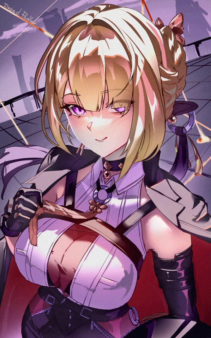 1girl, adjusting_clothes, adjusting_necktie, blonde_hair, blunt_bangs, blush, bow, breasts