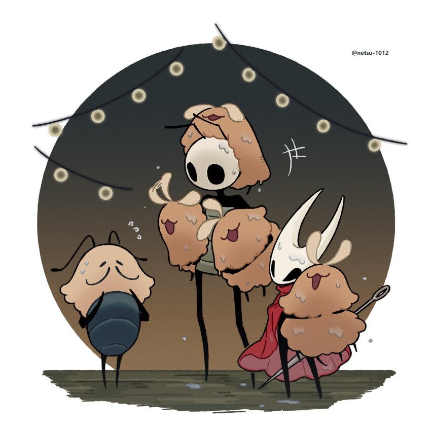 1girl, 2boys, 4others, black_eyes, blank_eyes, cloak, flea_(hollow_knight), fleamaster_mooshka_(hollow_knight)