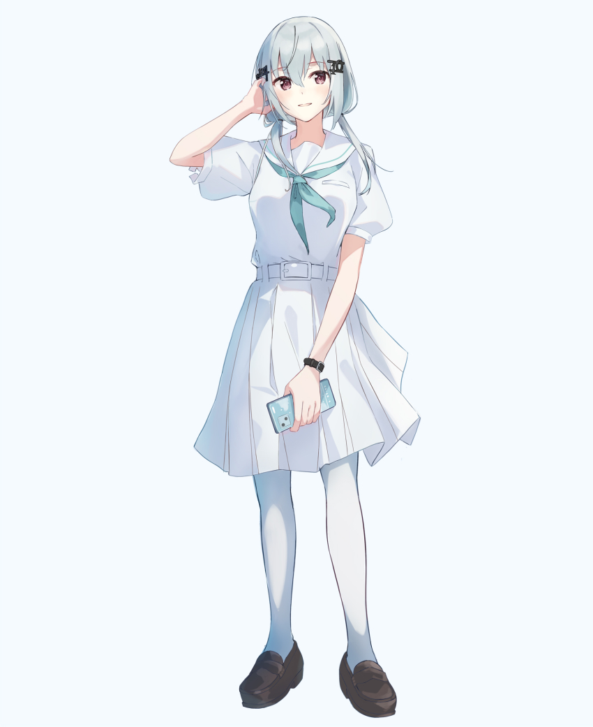 1girl, belt, high-waist_belt, black_belt, blue_neckerchief, breasts, cellphone, full_body