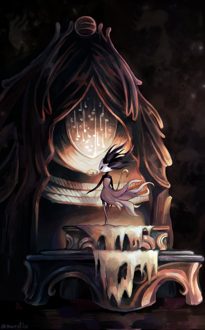 1other, black_eyes, black_skin, blank_eyes, colored_skin, dark_background, dress, grey_dress