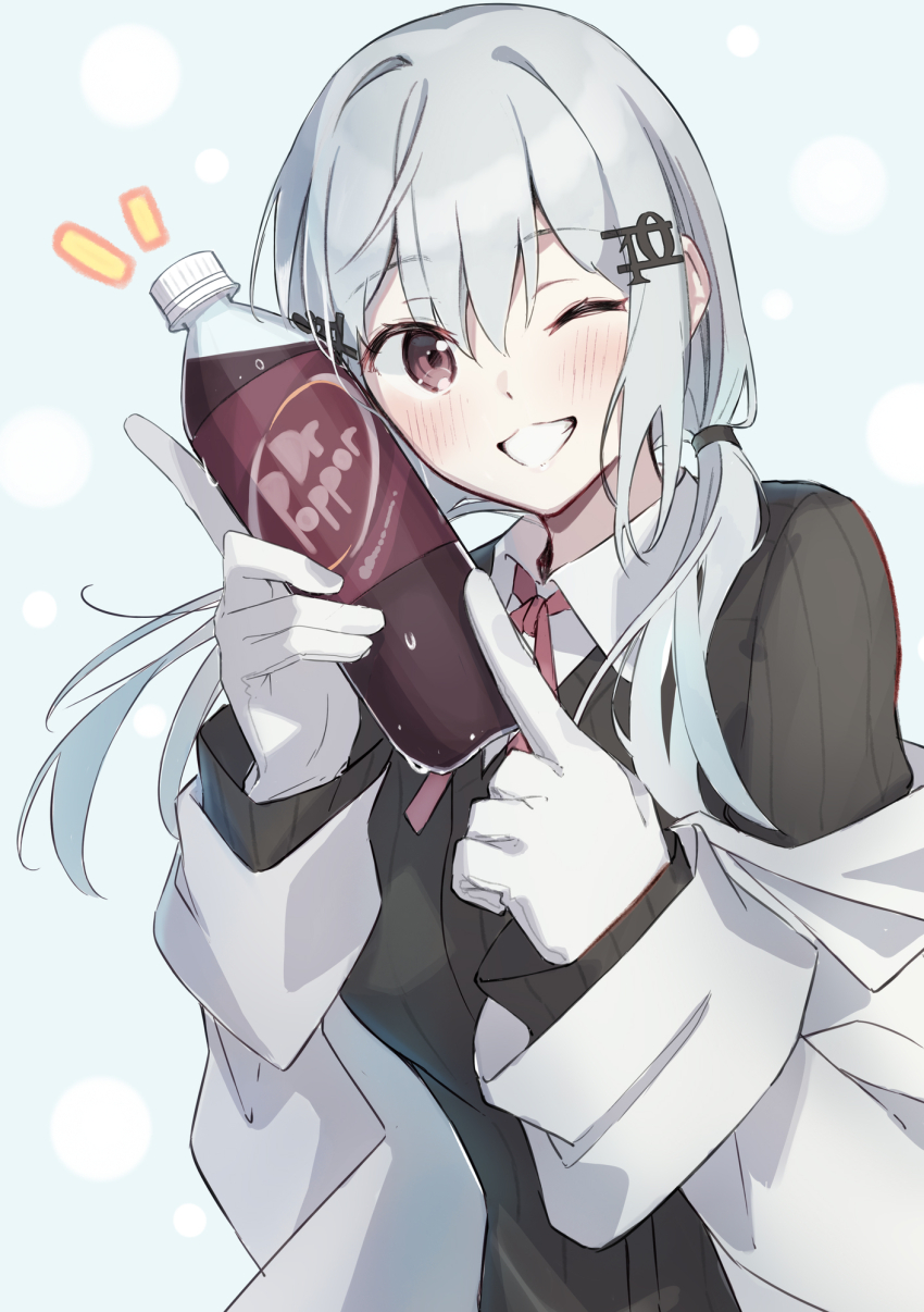 1girl, :d, black_sweater, blush, bottle, breasts, collared_shirt, dr_pepper, gloves, grey_hair, hair_between_eyes, hair_ornament, hakase_fuyuki, hakase_fuyuki_(1st_costume), highres, holding, holding_bottle, jacket, kotorime_(kmizuq1), lab_coat, large_breasts, long_hair, long_sleeves, looking_at_viewer, low_twintails, neck_ribbon, nijisanji, number_hair_ornament, one_eye_closed, open_mouth, pi_(math), pointing, red_eyes, red_ribbon, ribbon, shirt, simple_background, smile, soda_bottle, solo, sweater, twintails, upper_body, virtual_youtuber, white_gloves, white_jacket, white_shirt