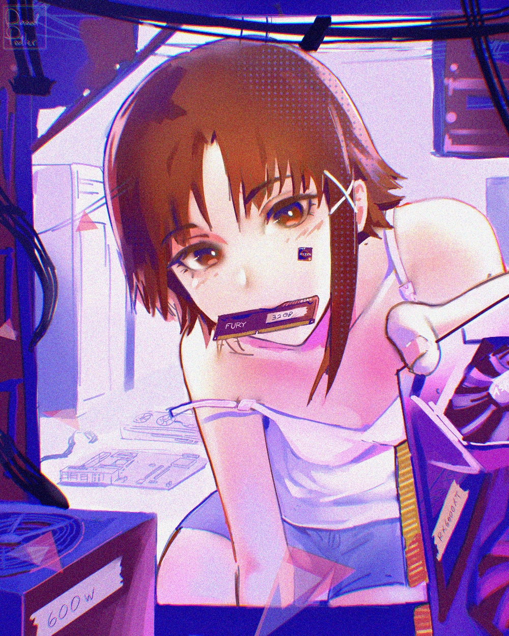 1girl, amd_ryzen, bare_shoulders, breasts, brown_eyes, brown_hair, collarbone, dazed_pedler