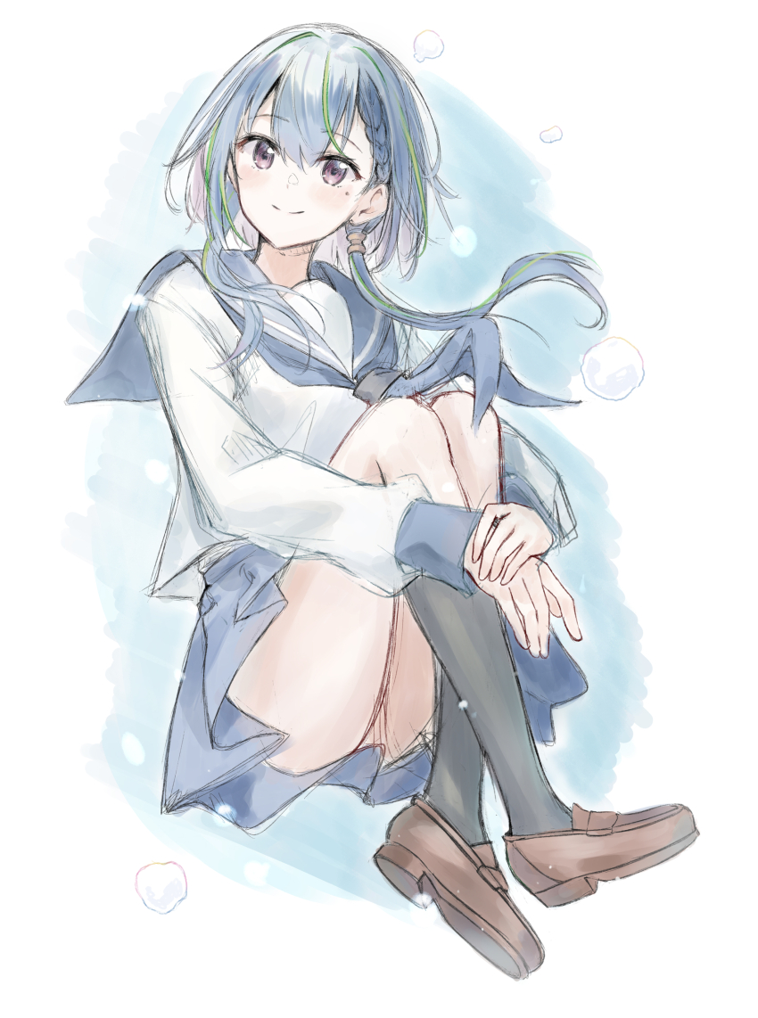 1girl, absurdres, ass, black_socks, blue_hair, blue_sailor_collar, blue_skirt, blush