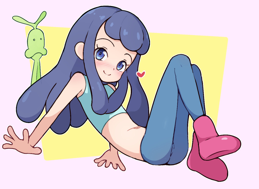 1girl, blue_eyes, blue_hair, blue_pants, blush, boots, chroniko, closed_mouth