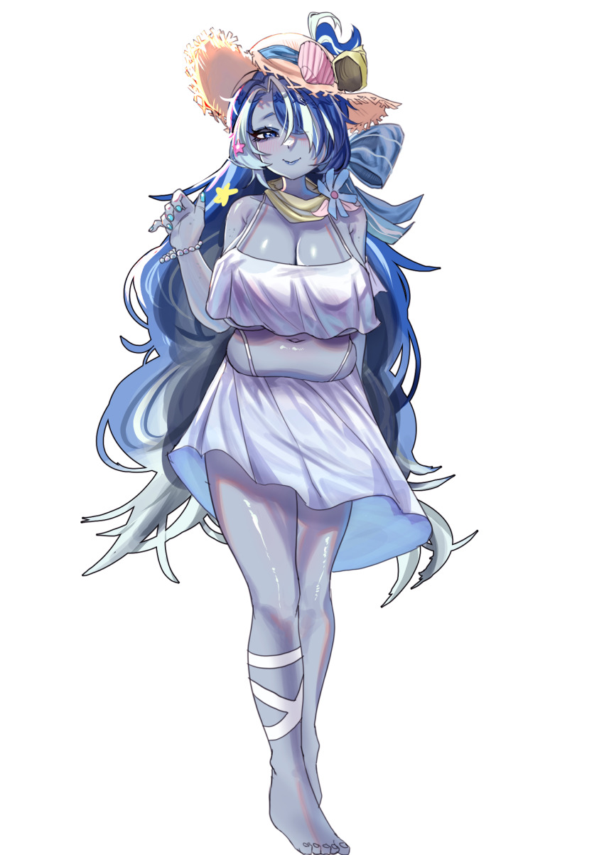 1girl, bikini, blue_eyes, blue_hair, blue_skin, blue_whale_cookie, blue_whale_cookie_(sweet_summer_dreams), breasts