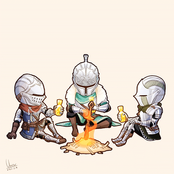 3others, ambiguous_gender, animated, animated_gif, armor, ashen_one_(dark_souls), bearer_of_the_curse, belt, bone, bonfire, boots, brown_belt, brown_boots, chosen_undead, clovergrasswang, commentary, dark_souls_(series), dark_souls_i, dark_souls_ii, dark_souls_iii, english_commentary, estus_flask, full_armor, gauntlets, helmet, knight, looping_animation, multiple_others, planted, planted_sword, planted_weapon, signature, sword, weapon