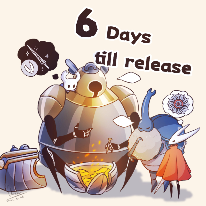 1boy, 1other, 2girls, armor, arthropod_boy, arthropod_girl, beetle, black_skin, blank_speech_bubble, bug, cloak, clovergrasswang, colored_skin, commentary, dated, english_commentary, english_text, forge_daughter_(hollow_knight), helmet, hollow_eyes, hollow_knight, hollow_knight:_silksong, hollow_knight_(character), horned_mask, hornet_(hollow_knight), insect, knight_(hollow_knight), mask, multiple_girls, nail_(hollow_knight), nailsmith_(hollow_knight), needle_(hollow_knight), red_cloak, signature, sitting, speech_bubble, thought_bubble, tool_(hollow_knight), weapon, weapon_on_back, white_mask