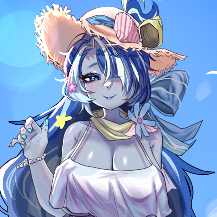 1girl, bikini, blue_eyes, blue_hair, blue_skin, blue_whale_cookie, blue_whale_cookie_(sweet_summer_dreams), breasts