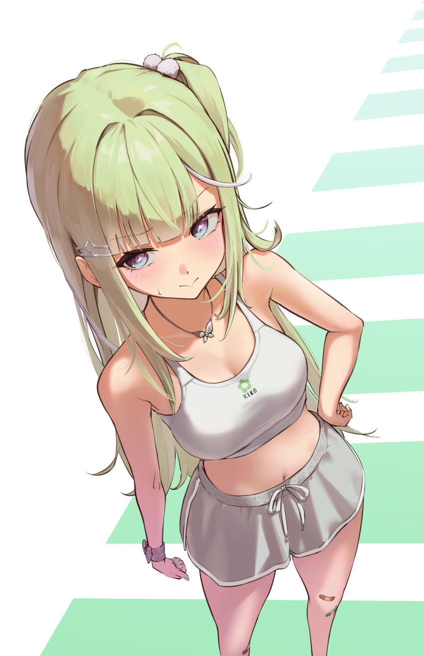 1girl, absurdres, bandaid, bandaid_on_knee, bandaid_on_leg, bare_shoulders, blush, breasts