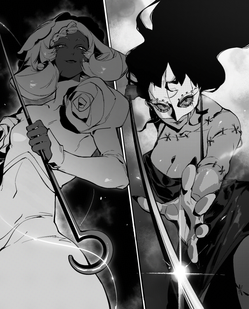 2girls, :d, bare_shoulders, black_background, bodysuit, braid, breasts, broken_mask, chinese_commentary, cleavage, closed_mouth, commentary_request, covered_navel, cowboy_shot, curly_hair, dress, floating_hair, foreshortening, genderswap, genderswap_(otf), grey_background, greyscale, grin, halftone, hat, highres, hollow_knight, hollow_knight:_silksong, humanization, juliet_sleeves, lace_(hollow_knight), lips, long_hair, long_sleeves, mask, medium_breasts, monochrome, multiple_girls, open_mouth, phantom_(hollow_knight), pin_(hollow_knight), puffy_sleeves, shatangbaijie, short_dress, short_hair, simple_background, single_braid, sleeveless, sleeveless_dress, sleeves_past_wrists, small_breasts, smile, spaghetti_strap, standing, stitched_arm, stitched_chest, stitches, textless_version, turtleneck, turtleneck_bodysuit