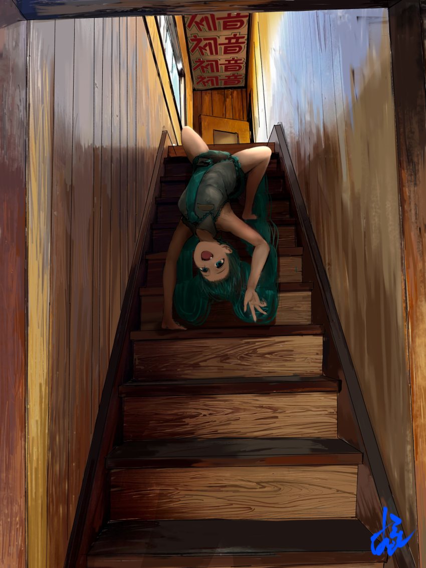 1girl, :d, absurdres, all_fours, aqua_hair, aqua_necktie, bare_shoulders, barefoot