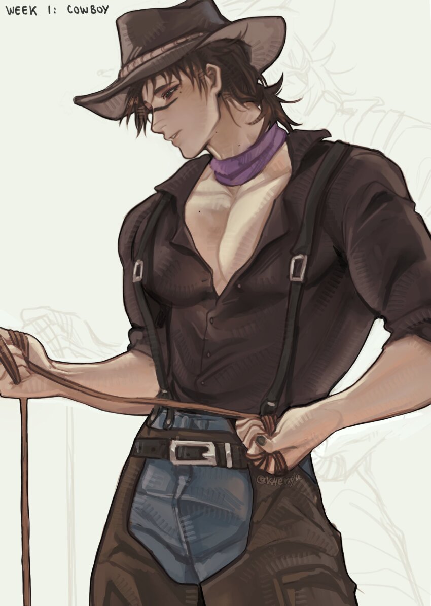 1boy, absurdres, alternate_costume, black_hair, black_nails, black_shorts, buttons, choso_(jujutsu_kaisen), closed_mouth, collarbone, cowboy, cowboy_hat, cowboy_western, facial_tattoo, hat, highres, jujutsu_kaisen, k4enyu, male_focus, pectoral_cleavage, pectorals, short_hair, shorts, solo, tattoo, twitter_username, western