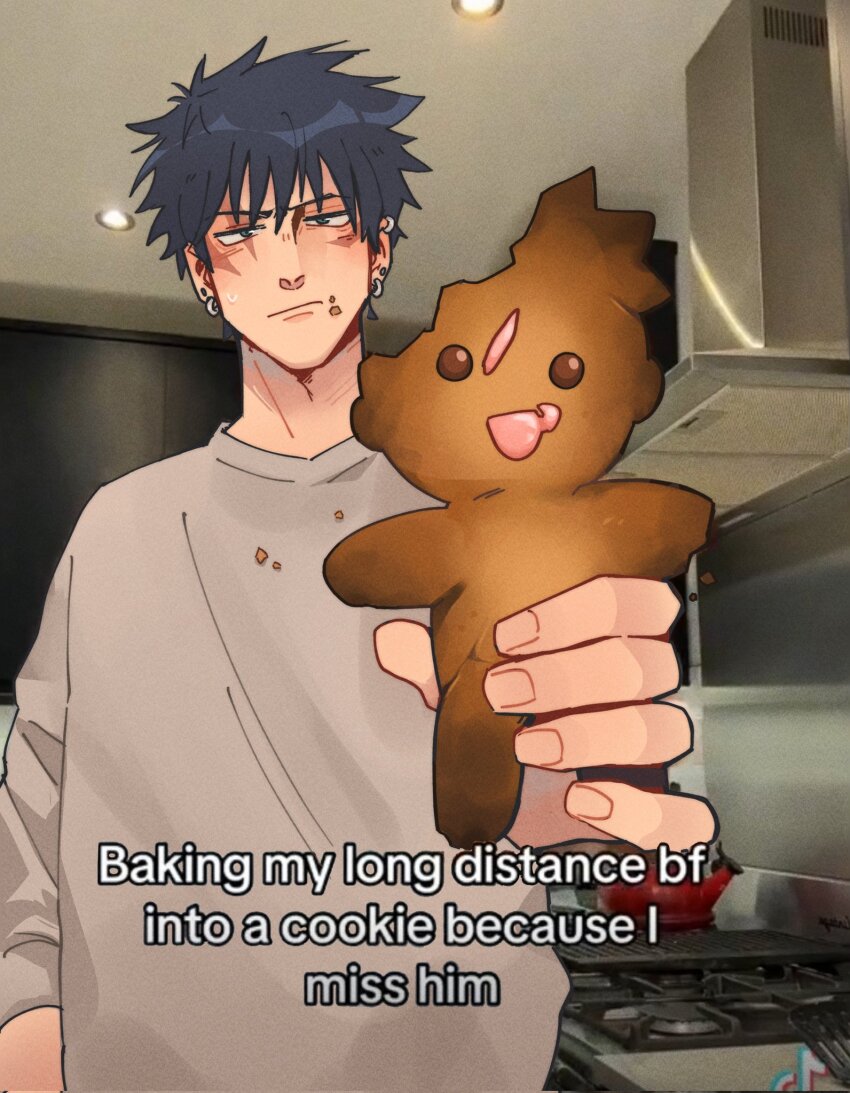 2boys, alternate_costume, baking_my_long_distance_bf_into_a_cookie_because_i_miss_him_(meme), black_hair, character-themed_food, character_cookie, closed_mouth, cookie