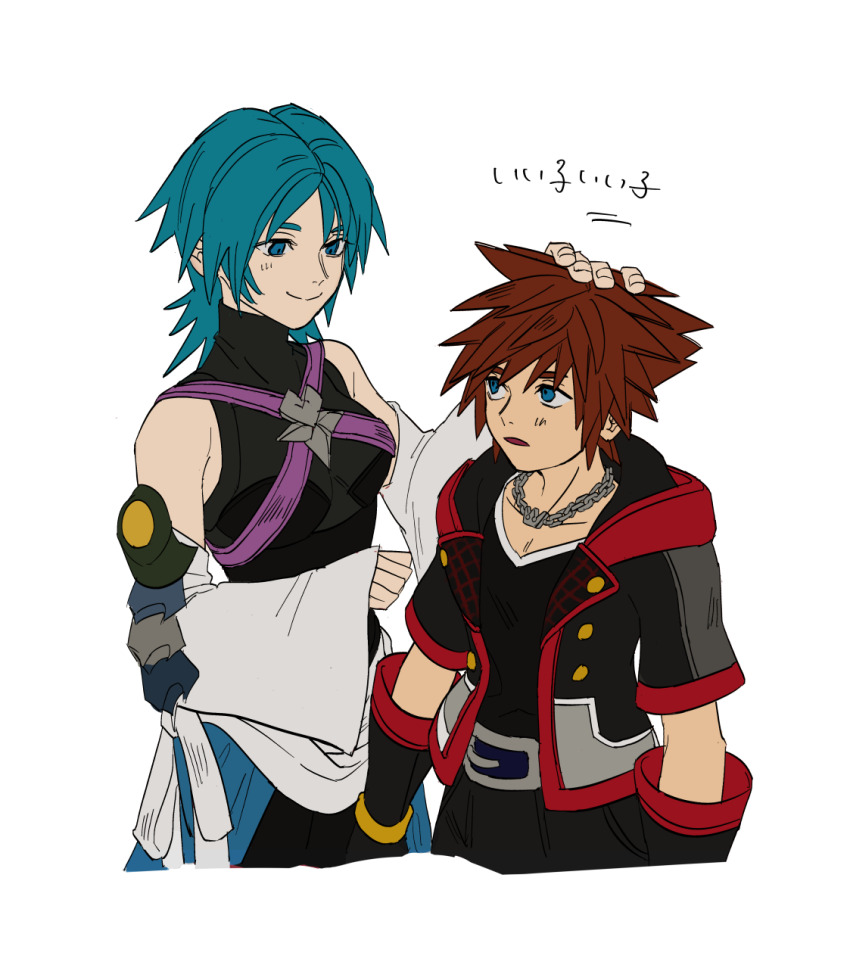 1boy, 1girl, aqua_(kingdom_hearts), black_gloves, blue_eyes, blue_hair, breasts, brown_hair
