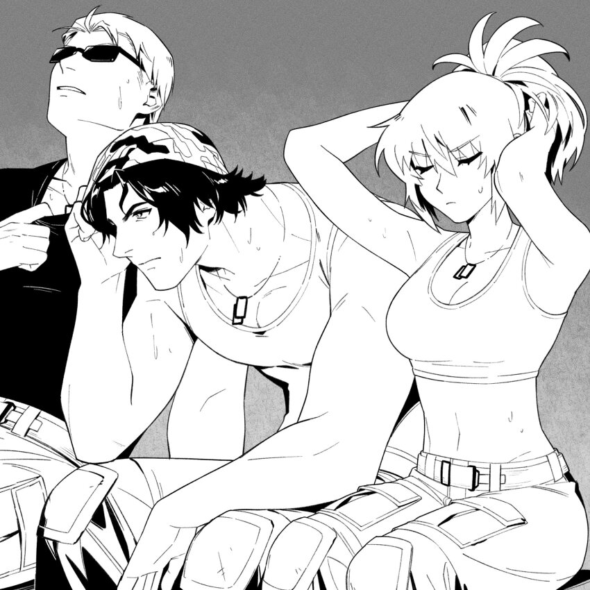00a3af_231, 1girl, 2boys, adjusting_hair, arms_up, bandana, bare_shoulders, belt