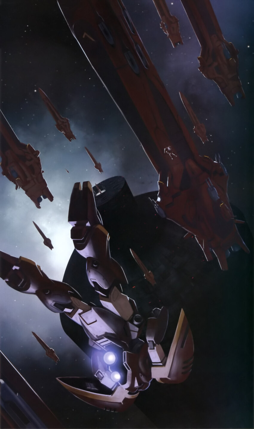 artist_request, fleet, glowing, gundam, gundam_perfect_file, hangar, highres, machinery