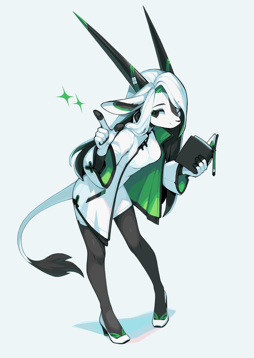 1girl, 2025, absurdres, arabian_oryx, black_eyes, black_leggings, black_pantyhose, coat, colored_inner_animal_ears, colored_inner_hair, dress, furry, furry_female, head_tilt, high_heels, highres, horns, krita_(medium), leggings, libbie_the_spirit_oryx, long_hair, looking_at_viewer, multicolored_hair, one_eye_closed, original, oryx, pantyhose, signature, spirit_animals_in_disguise, tyson_tan, white_coat, white_dress, white_hair