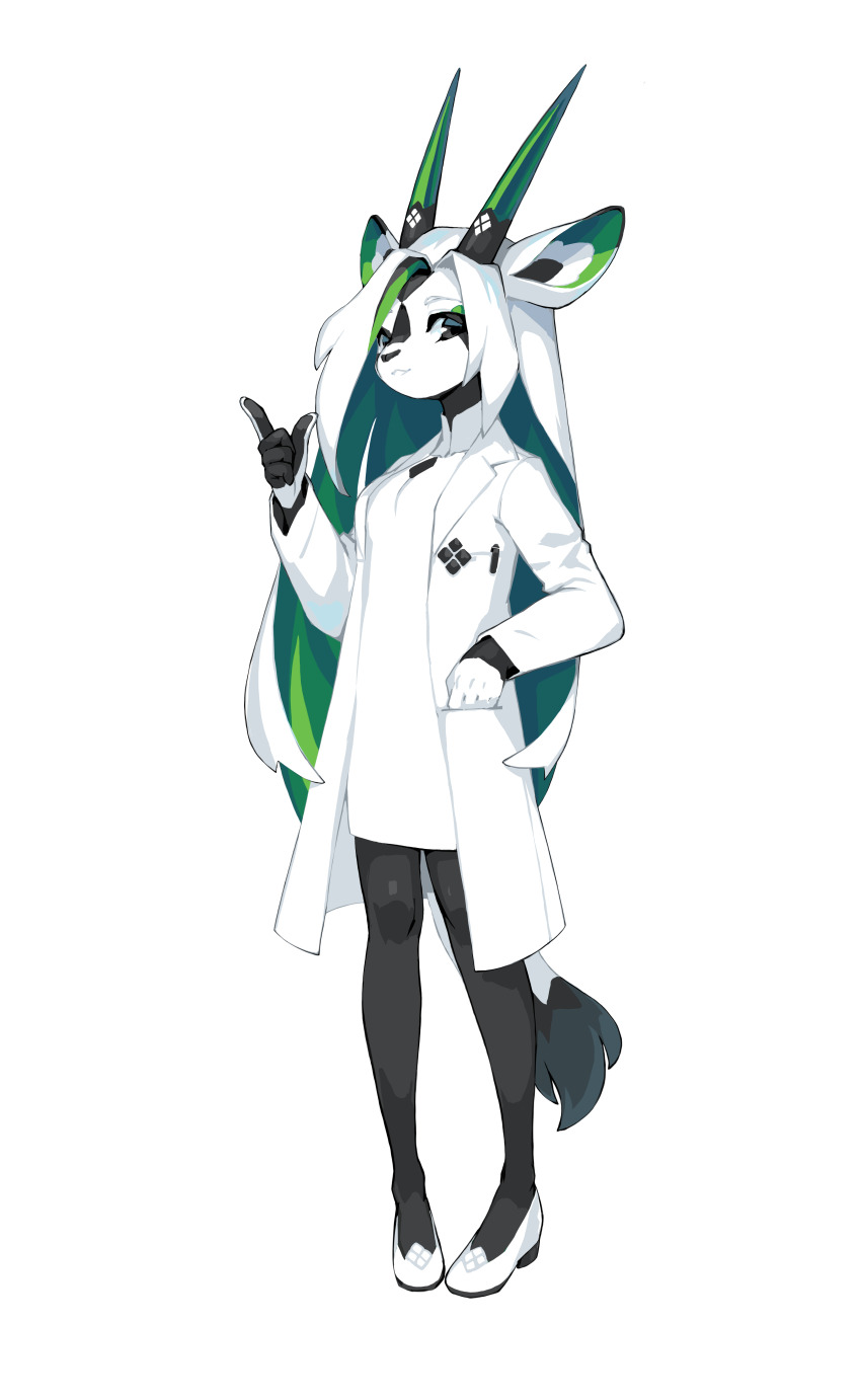 1girl, 2024, absurdres, arabian_oryx, black_leggings, black_pantyhose, coat, colored_inner_animal_ears, colored_inner_hair, dress, flats, furry, furry_female, highres, horns, krita_(medium), leggings, libbie_the_spirit_oryx, long_hair, looking_at_viewer, multicolored_hair, original, oryx, pantyhose, signature, spirit_animals_in_disguise, tyson_tan, white_coat, white_dress, white_hair