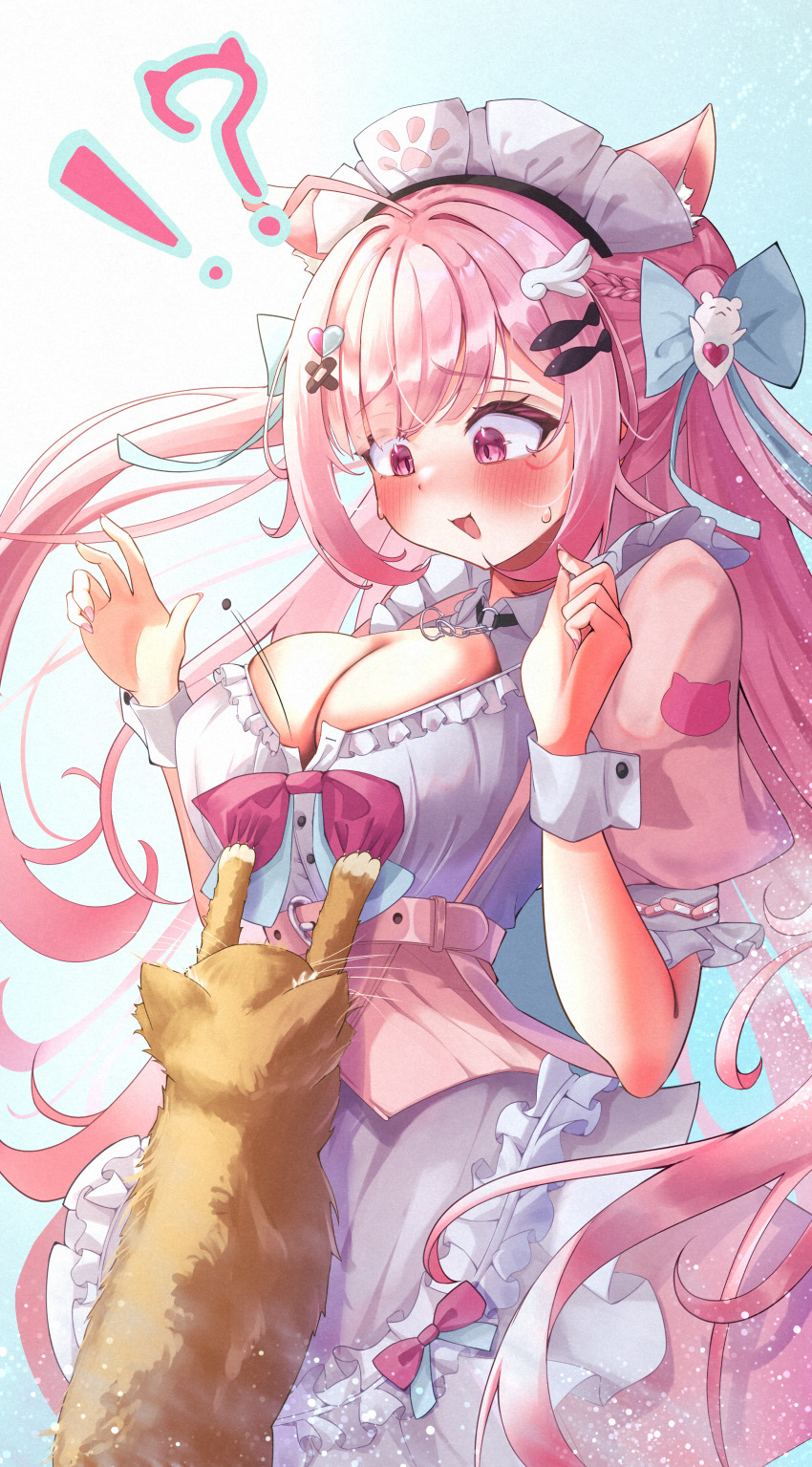 !?, 1girl, absurdres, animal_ears, animal_print, bandaid, bandaid_hair_ornament, black_choker